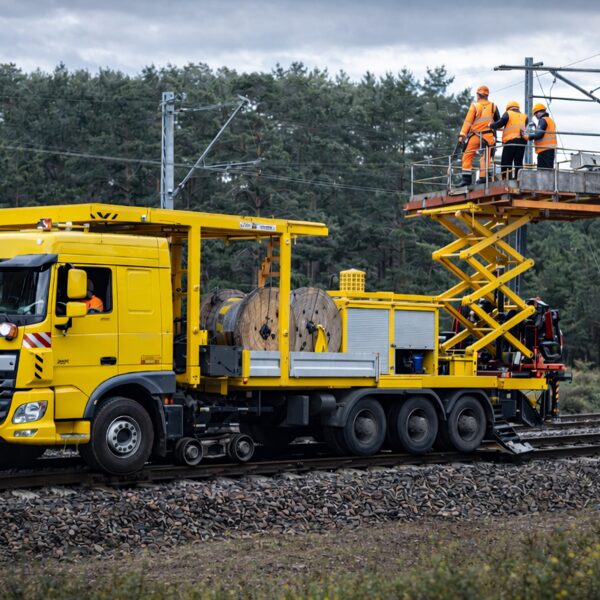 railway electrification works using lifting platform truck for overhead contact systems