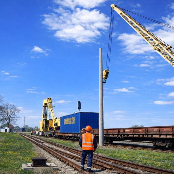 railway electrification mast installation using crane and specialized machinery